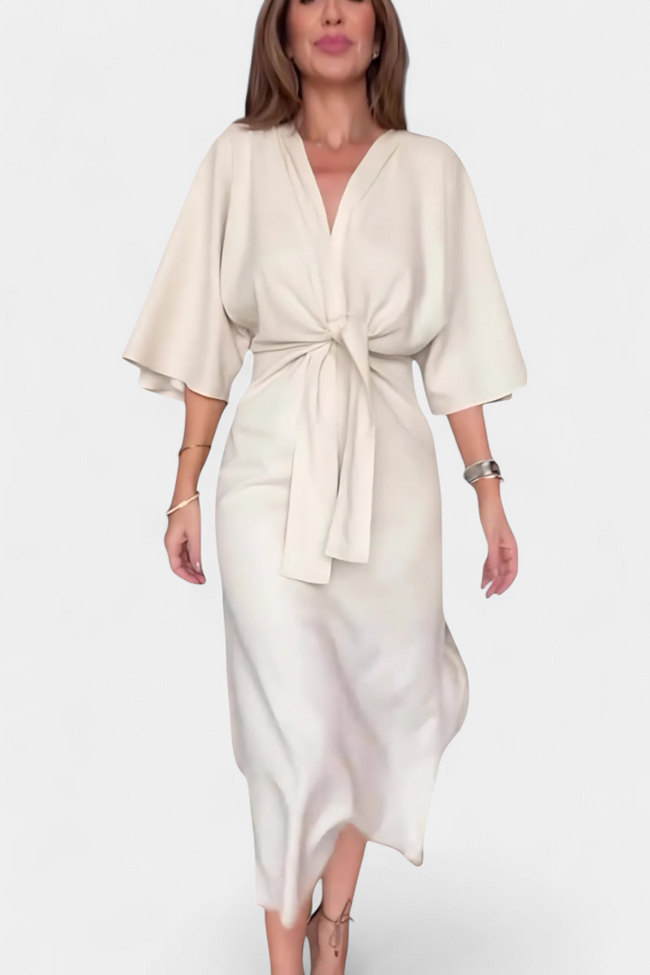 Natalia - Rochie casual cu nod frontal și decolteu în V