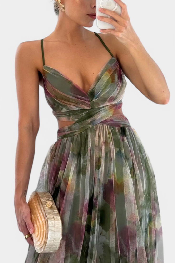 Rochie maxi Magdalena cu imprimeu floral și decolteu în V