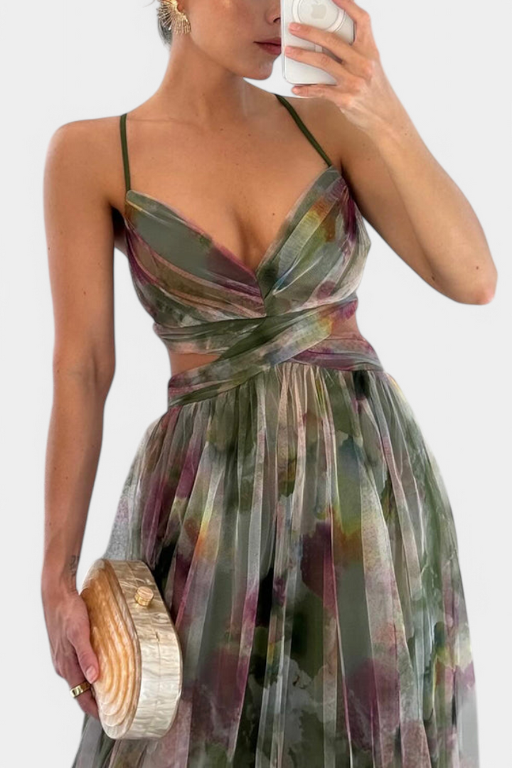 Rochie maxi Magdalena cu imprimeu floral și decolteu în V