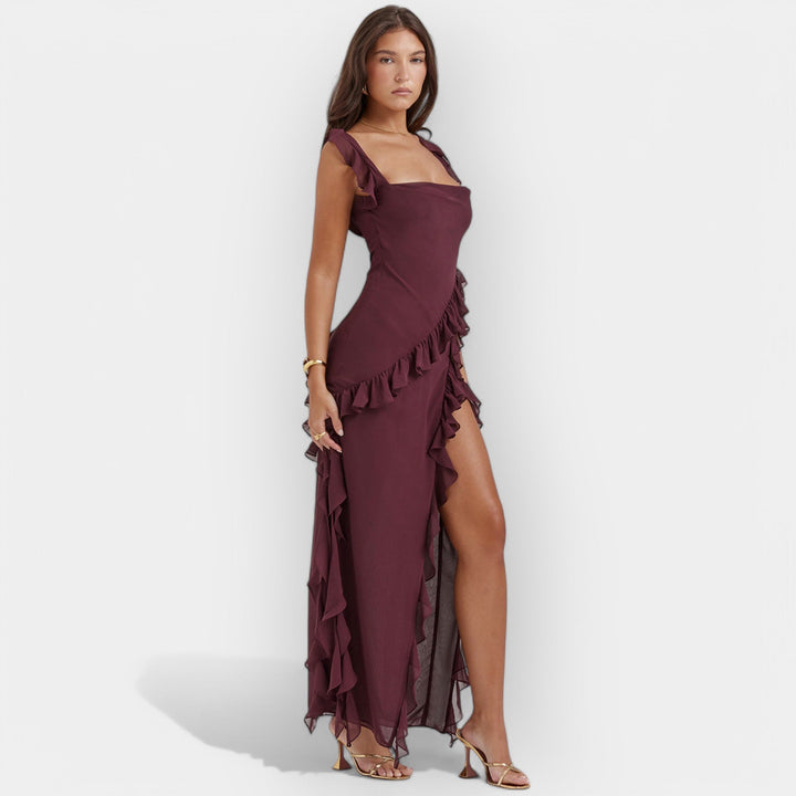 Rochie cu Fustă Evazată și Volane Reglabile