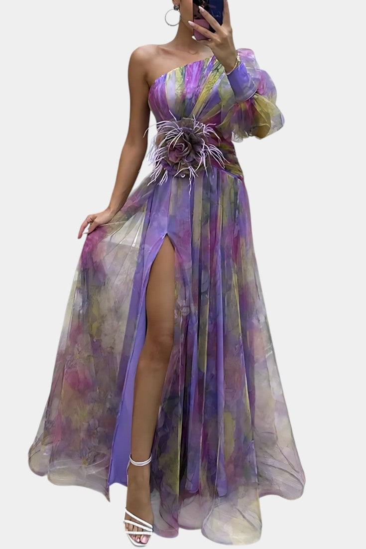 Teodora Rochie Maxi Asimetrică cu Un Umăr și Model Artistic