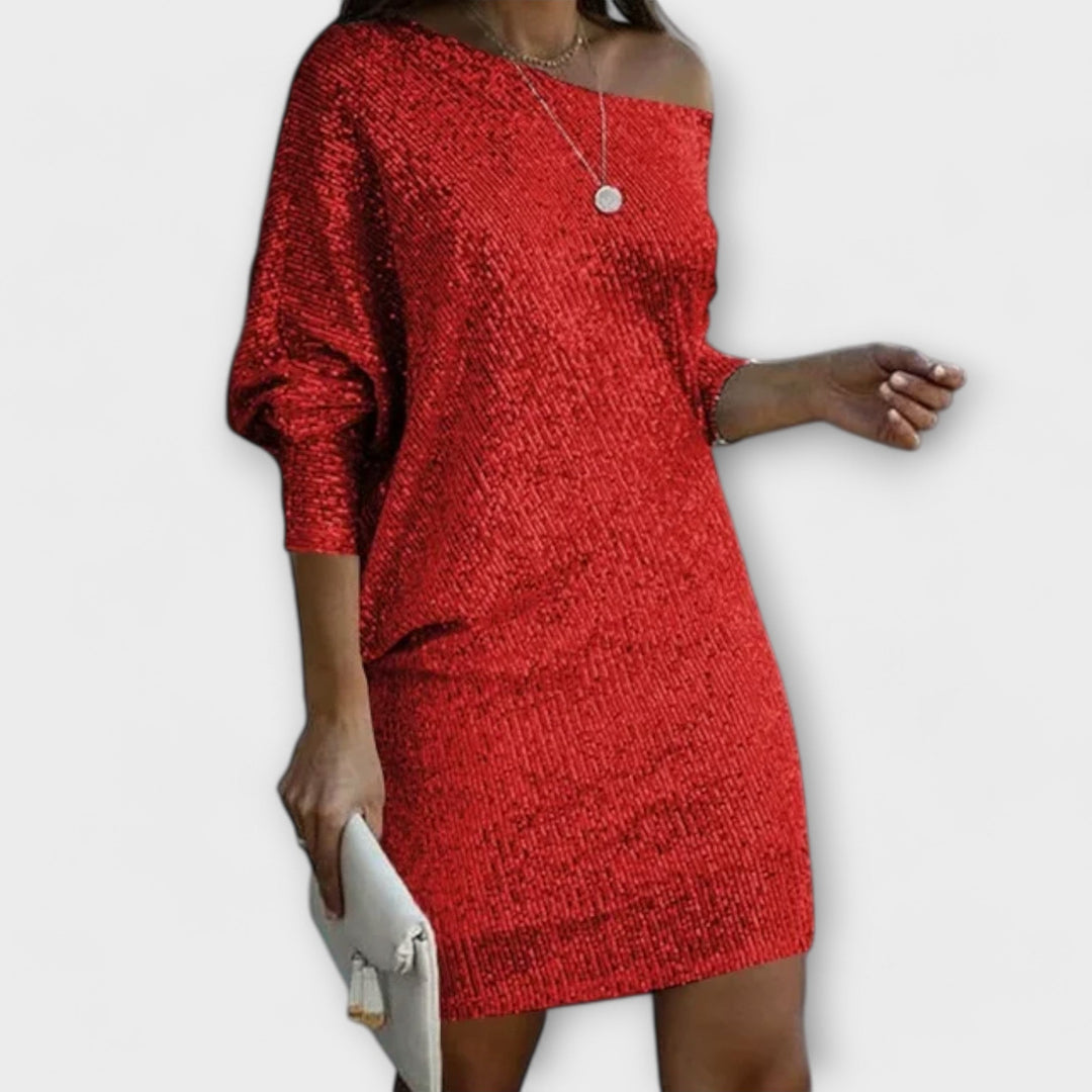 Jessica – Rochie Strălucitoare cu Umeri Decupați