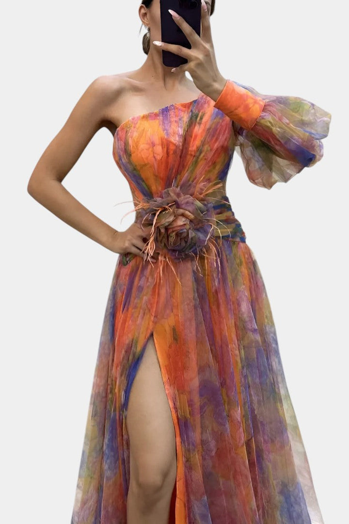 Teodora Rochie Maxi Asimetrică cu Un Umăr și Model Artistic
