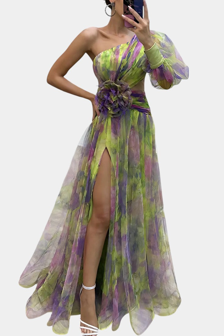 Teodora Rochie Maxi Asimetrică cu Un Umăr și Model Artistic