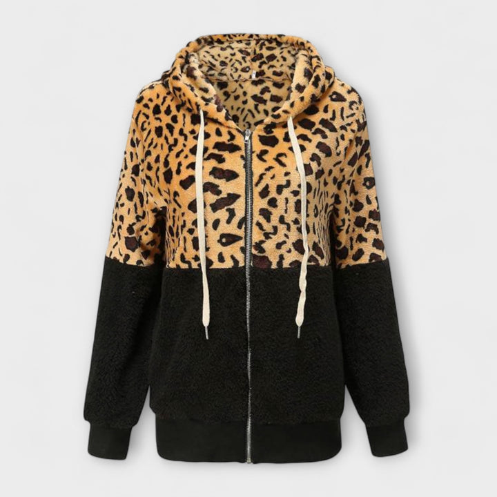 Lea - Jachetă din fleece cu glugă în imprimeu leopard