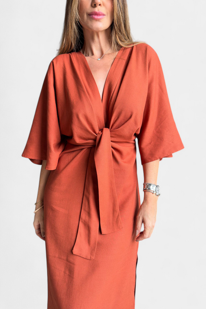 Natalia - Rochie casual cu nod frontal și decolteu în V