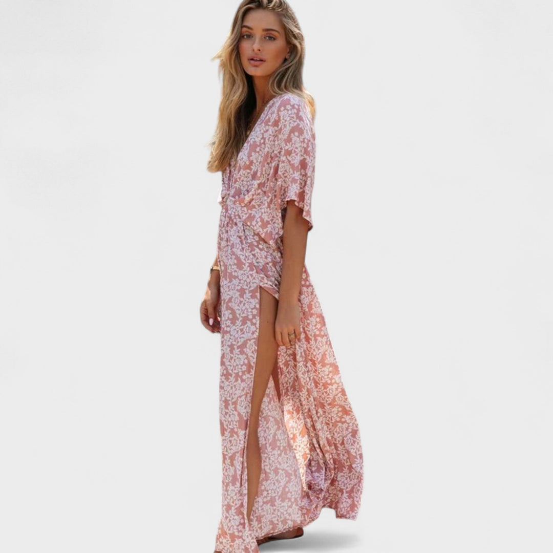 Vilma - Rochie boho roz cu fante