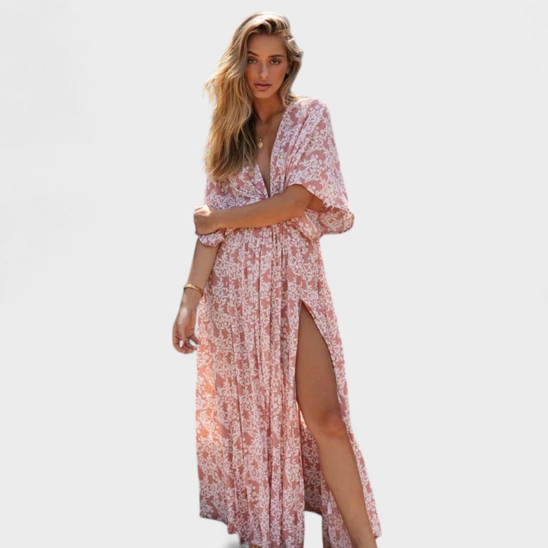 Vilma - Rochie boho roz cu fante