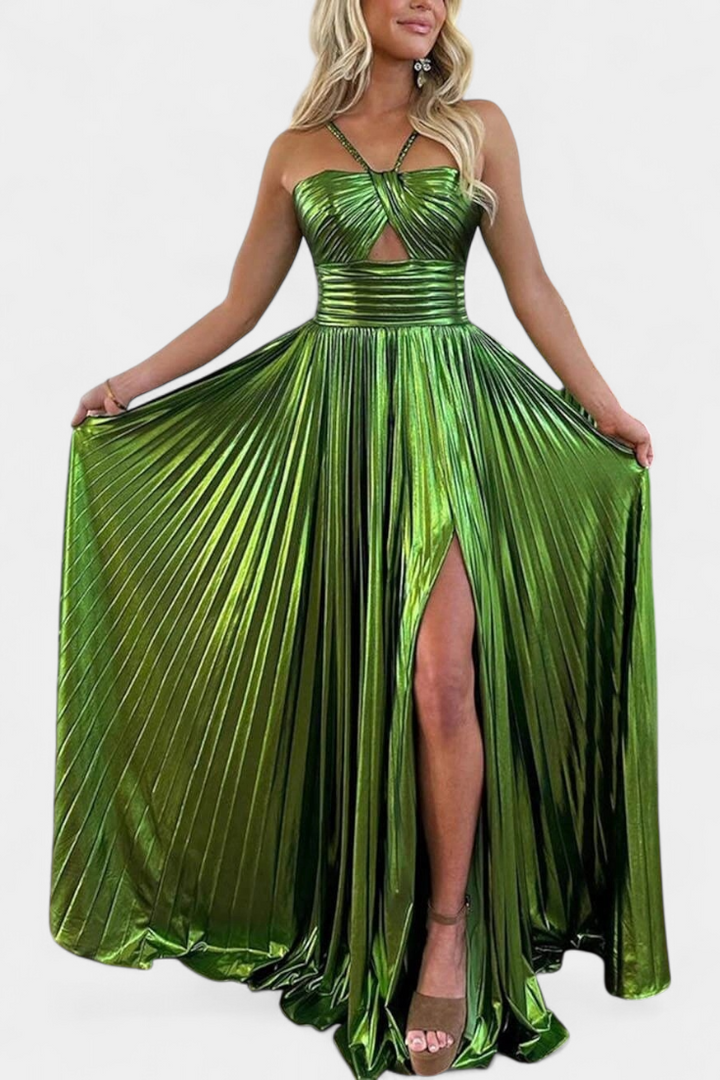 Rochie Branimira Maxi Metalic cu Prelungire și Croială