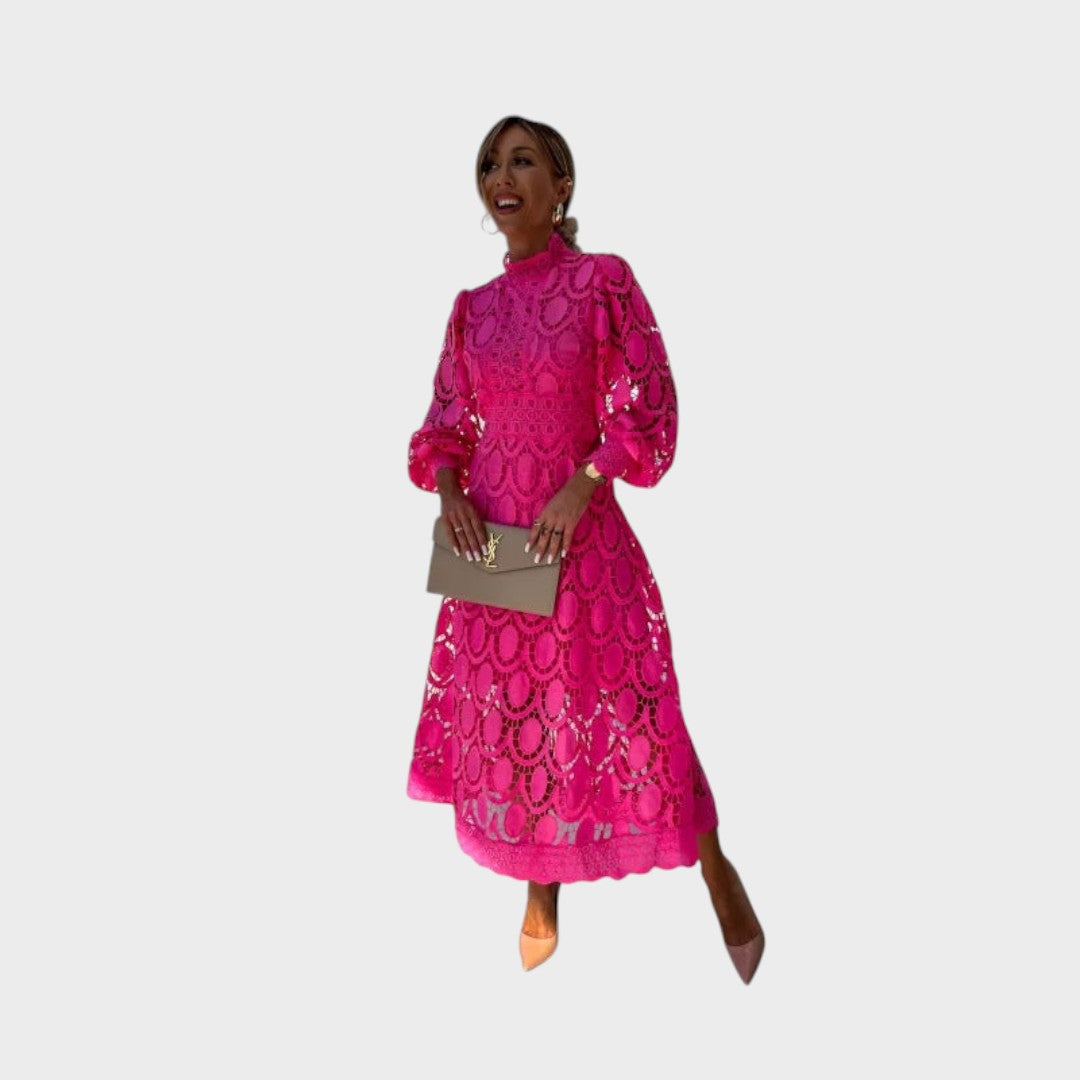 Danica - Rochie cu mâneci voluminoase și guler înalt