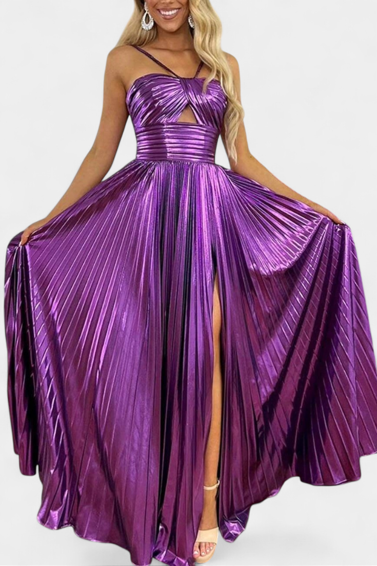 Rochie Branimira Maxi Metalic cu Prelungire și Croială