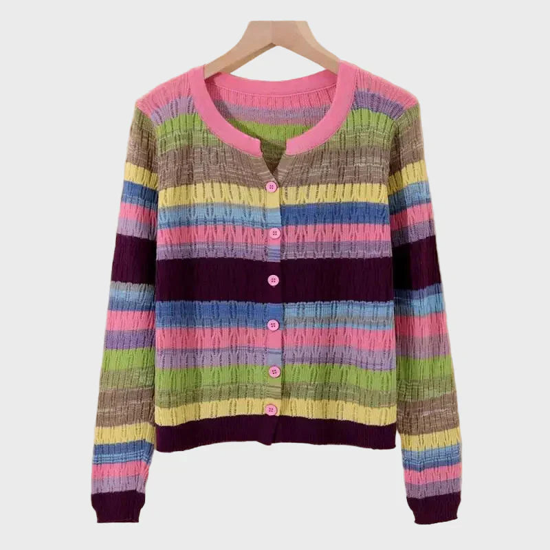 Cardigan Tricotat cu Linii de Stil Retro