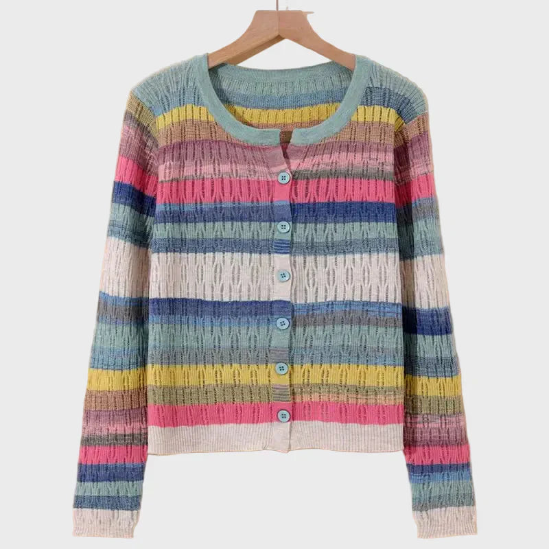 Cardigan Tricotat cu Linii de Stil Retro