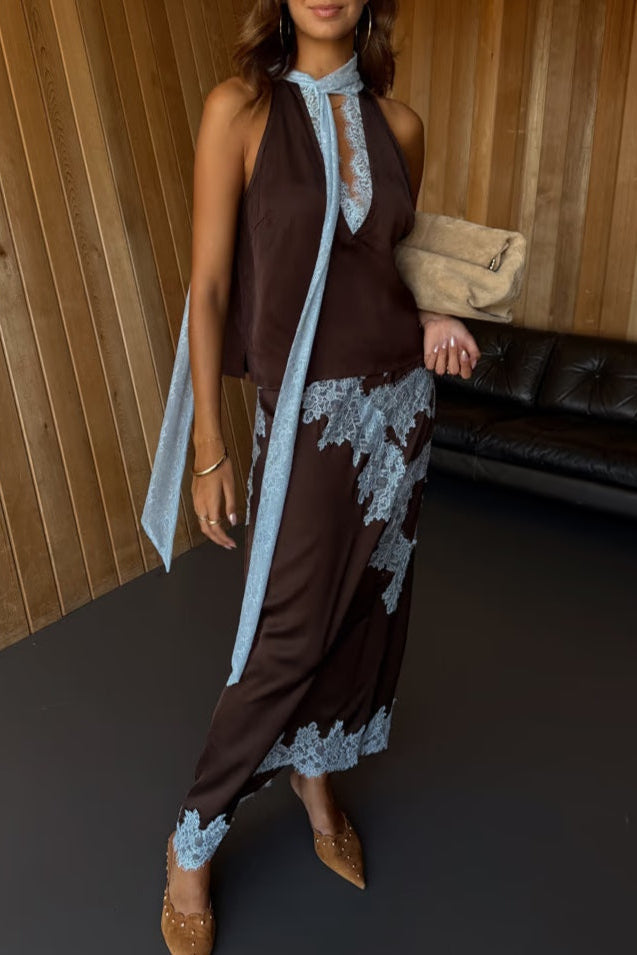 Compleu Top și Fustă Dragiyca cu Pânze de Dantelă Contrastante