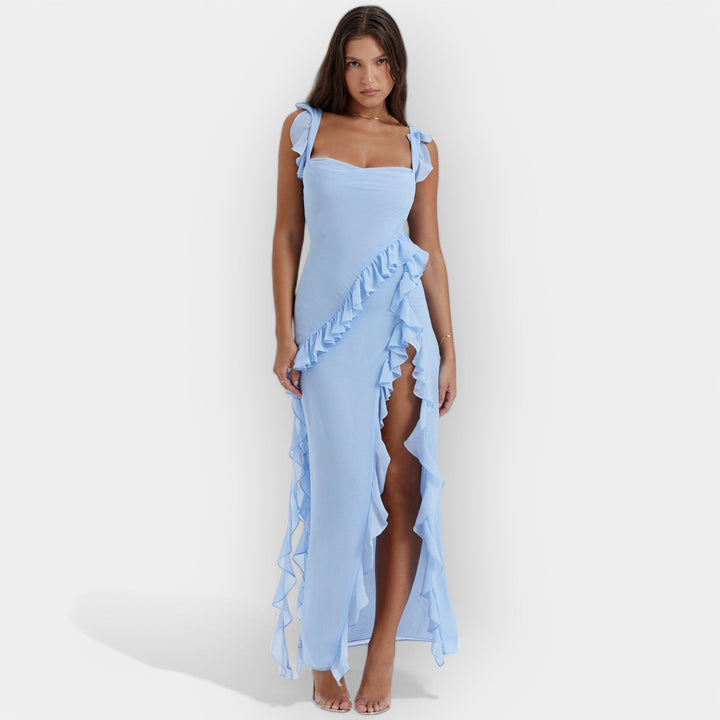 Rochie cu Fustă Evazată și Volane Reglabile