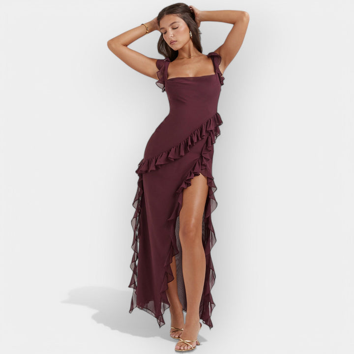 Rochie cu Fustă Evazată și Volane Reglabile