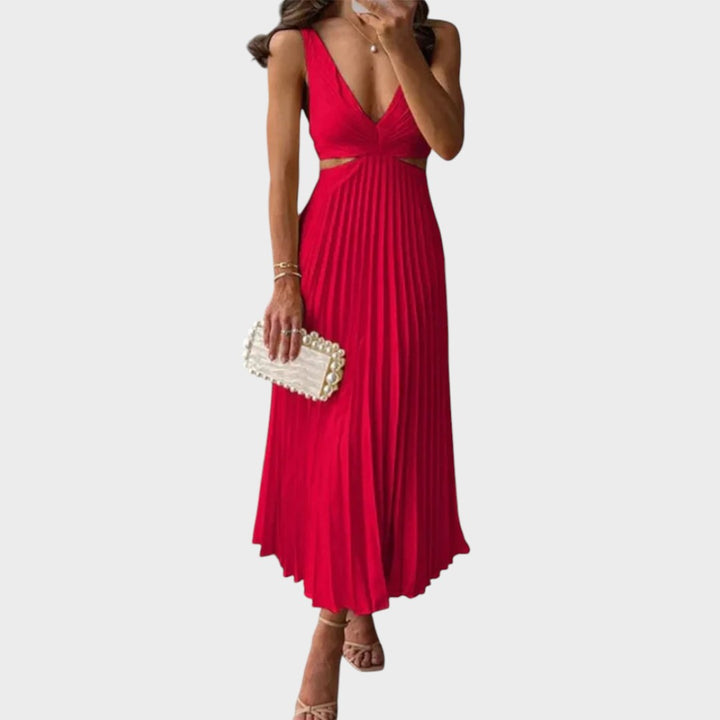 Katarina - Rochie Elegantă cu Decolteu în V și Fustă Plisată