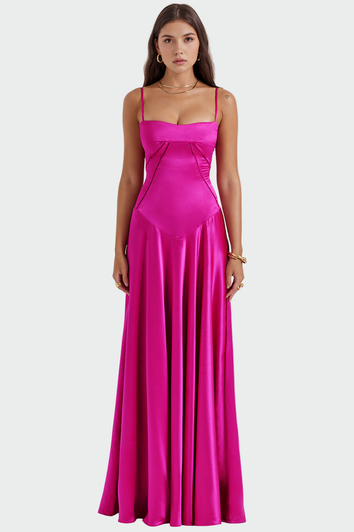 Rochie maxi din satin cu bretele subțiri