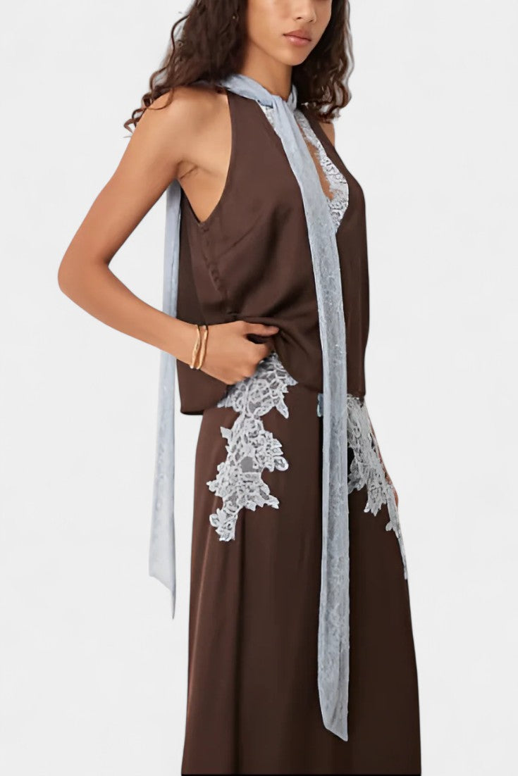 Compleu Top și Fustă Dragiyca cu Pânze de Dantelă Contrastante