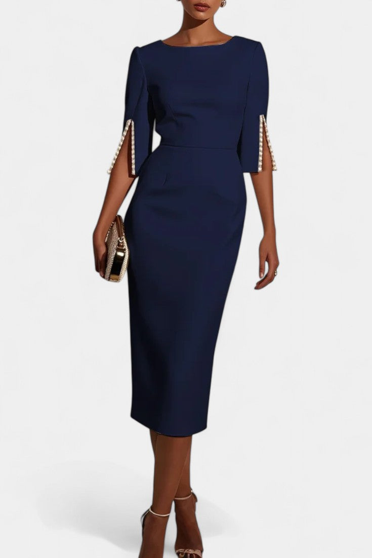 Rochie Midi Primăvară cu Detalii Perlate și Decolteu Rotund