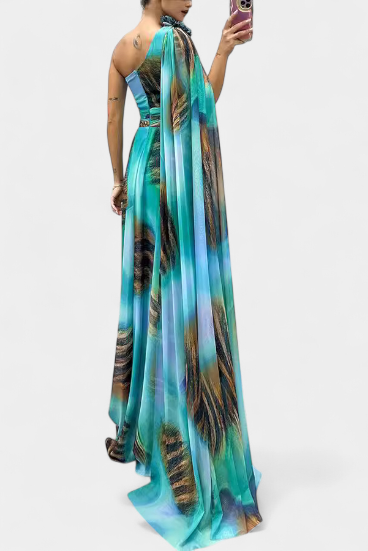 Rochie lungă Nives cu un umăr și detaliu colorat