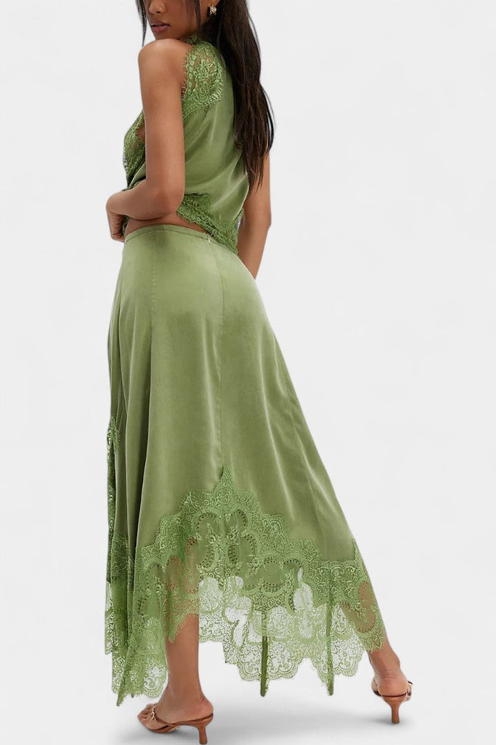 Fustă Midi cu Detalii din Dantelă și Tiv Asimetric