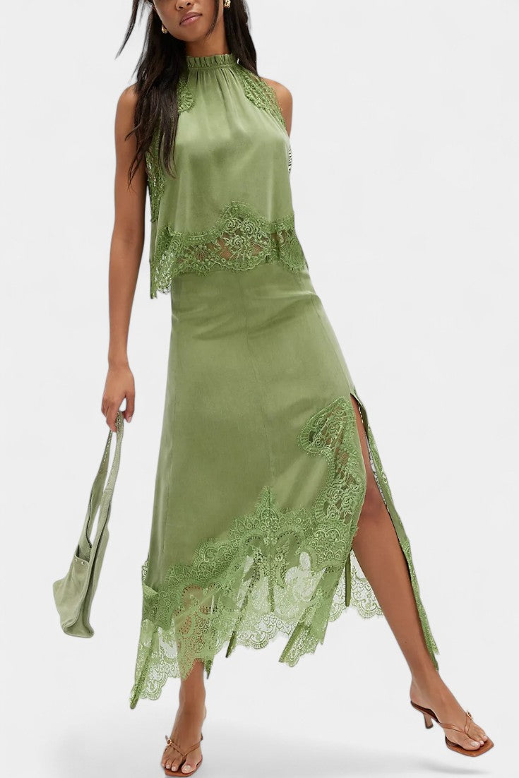 Fustă Midi cu Detalii din Dantelă și Tiv Asimetric