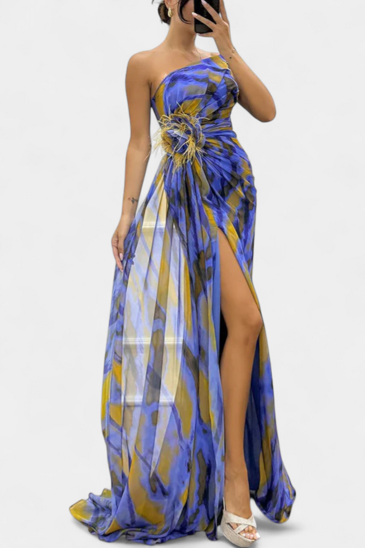 Rochie Maxi Asimetrică Blanka cu Model Vibrant