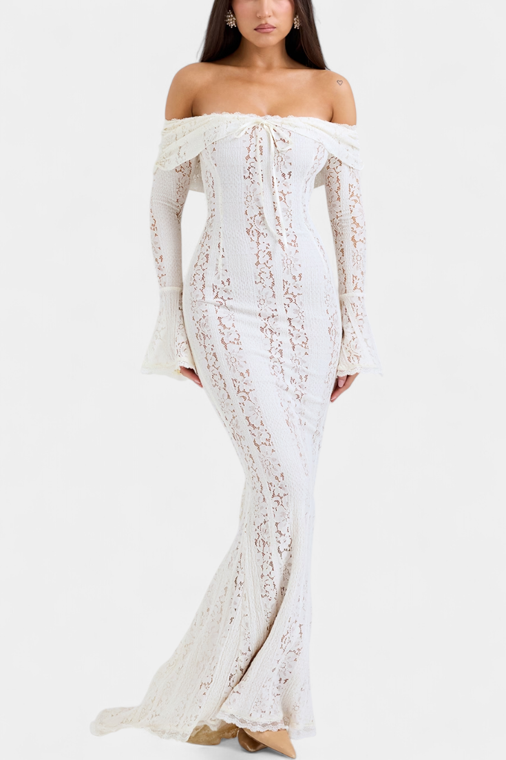 Rochie maxi "Josipa" cu umeri descoperiți din dantelă