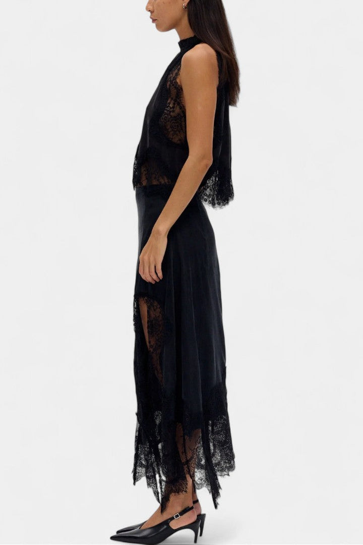 Fustă Midi cu Detalii din Dantelă și Tiv Asimetric