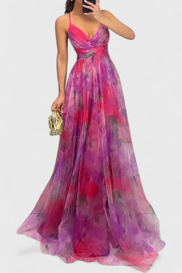 Rochie maxi Magdalena cu imprimeu floral și decolteu în V