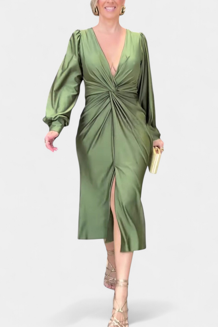 Rochie Lungă cu Mâneci Lungi și Decolteu în V