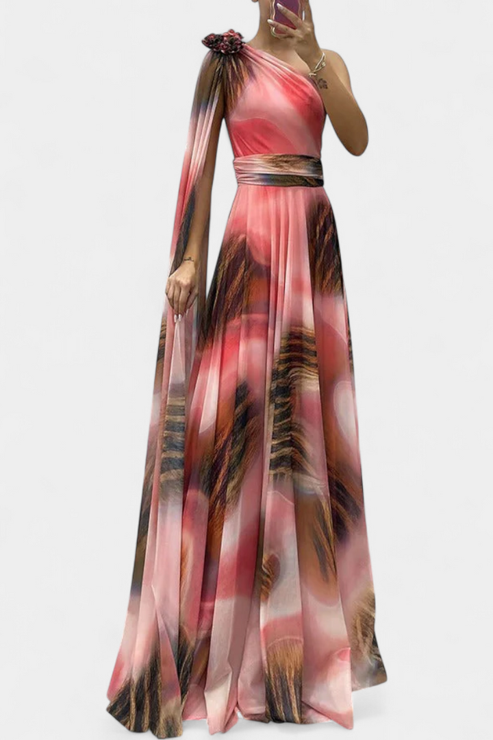 Rochie lungă Nives cu un umăr și detaliu colorat