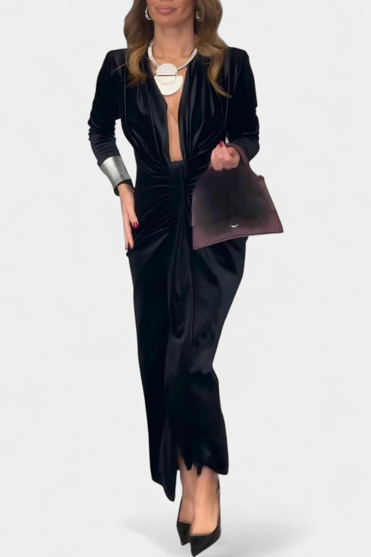 Rochie Lungă Vilma din Catifea Aurie cu Decupaj în V