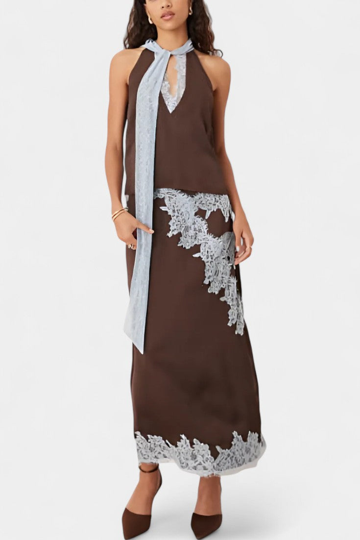 Compleu Top și Fustă Dragiyca cu Pânze de Dantelă Contrastante