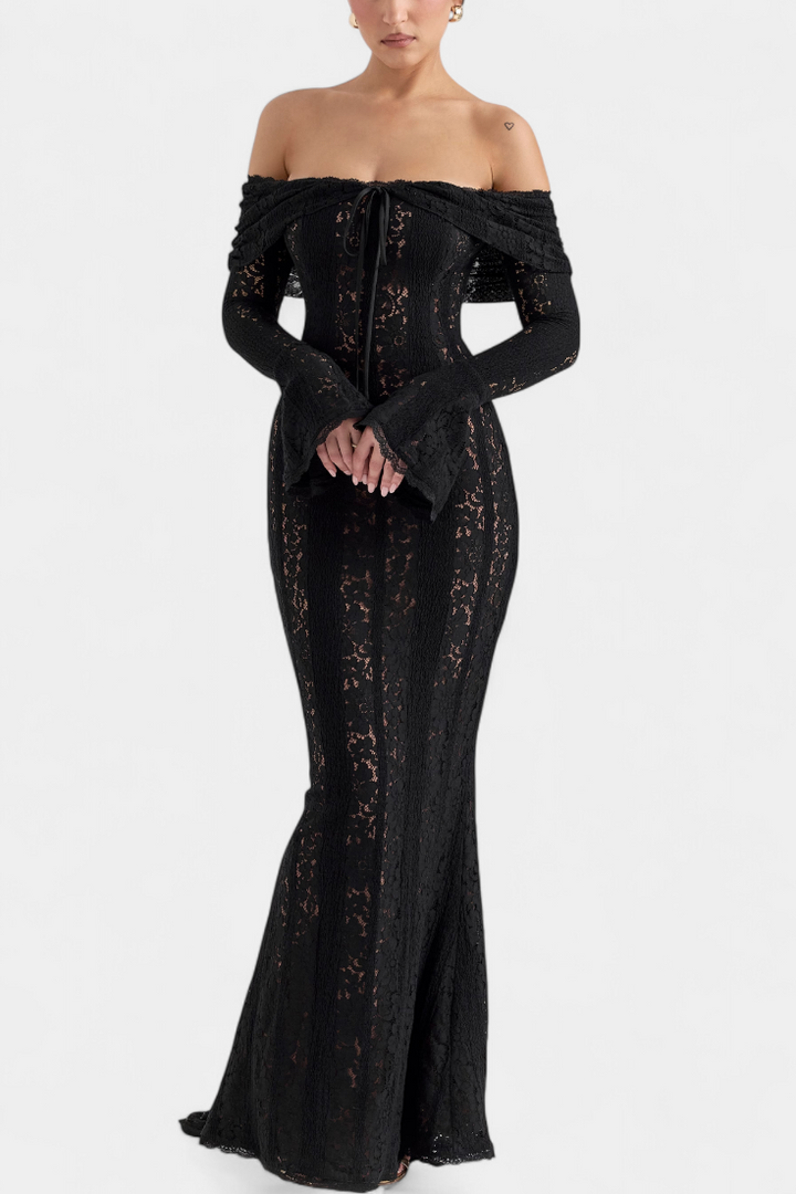 Rochie maxi "Josipa" cu umeri descoperiți din dantelă