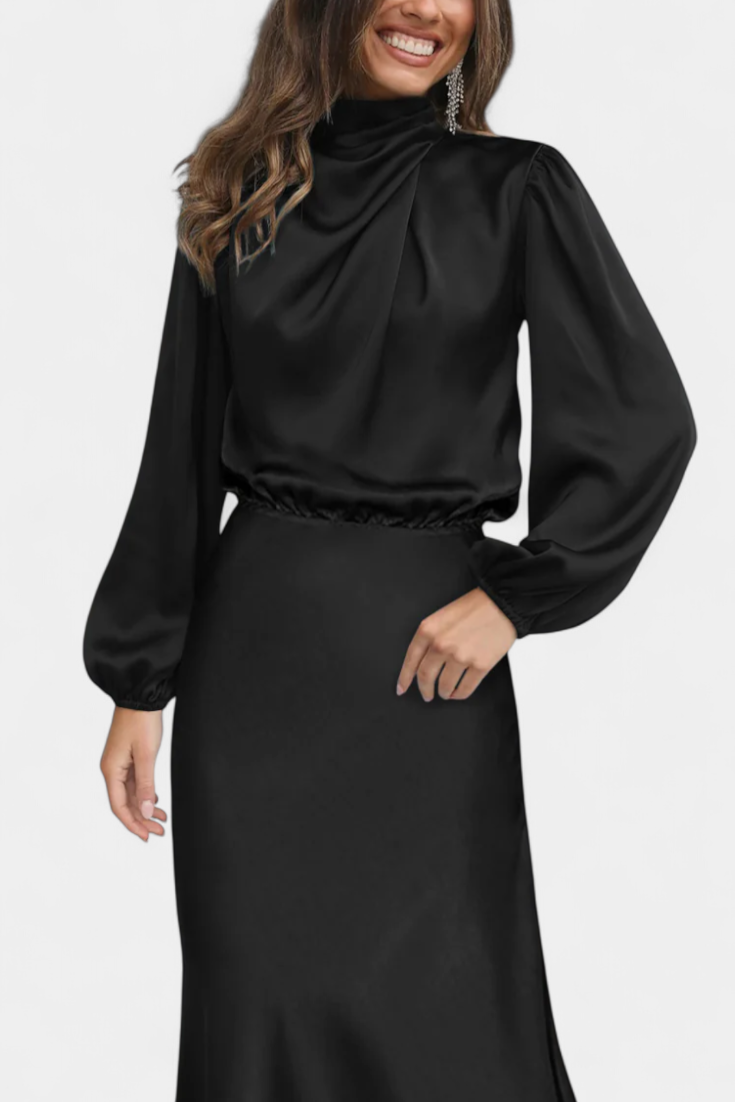 Rochie Maxi Maria cu Guler Înalt și Detalii Colorate