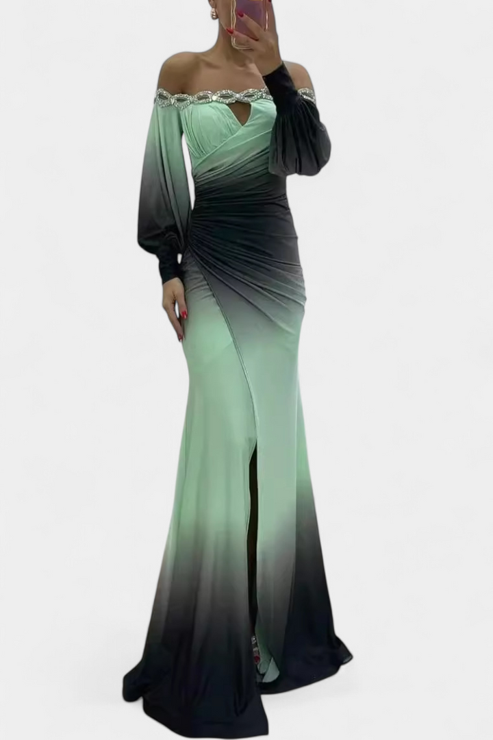 Rochie Maxi Silviana Ombre cu Umeri Decupați