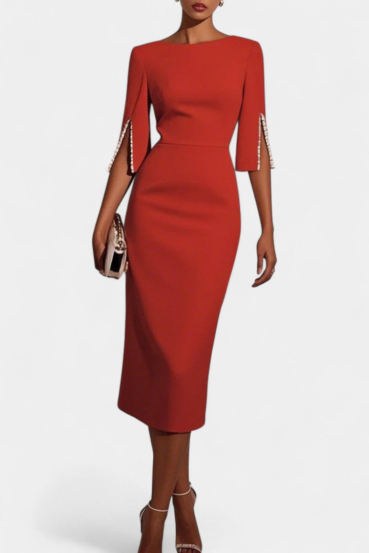 Rochie Midi Primăvară cu Detalii Perlate și Decolteu Rotund