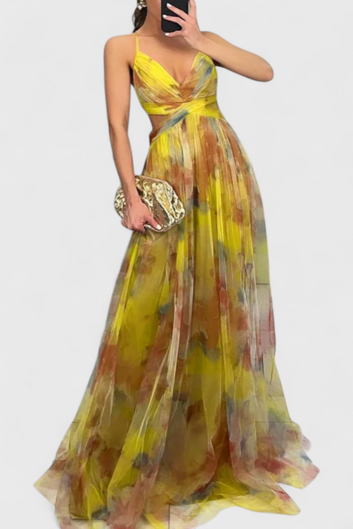 Rochie maxi Magdalena cu imprimeu floral și decolteu în V