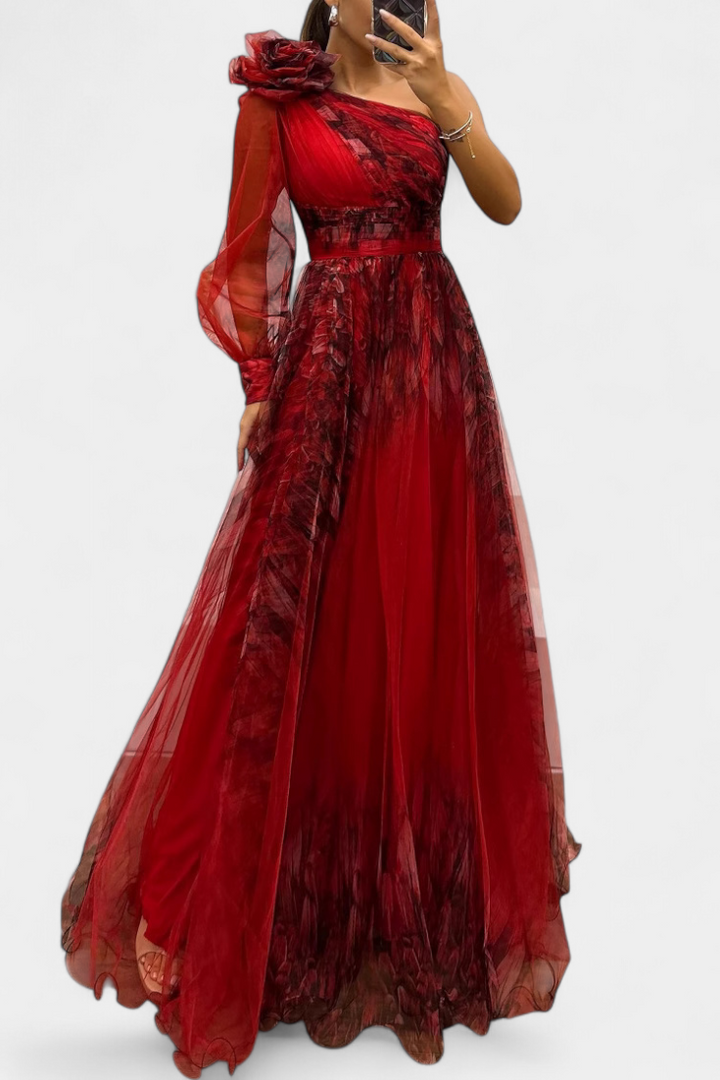 Rochie Maxi din Șifon cu Umăr Decupat și Floare Voluminoasă