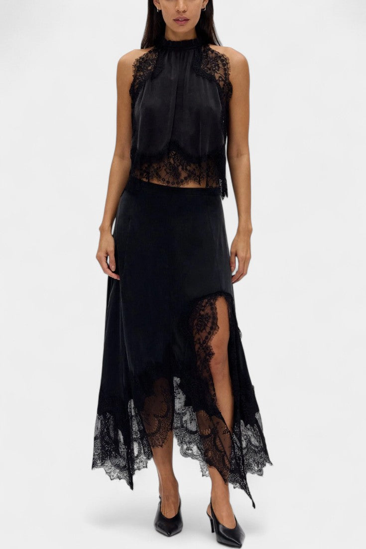 Fustă Midi cu Detalii din Dantelă și Tiv Asimetric