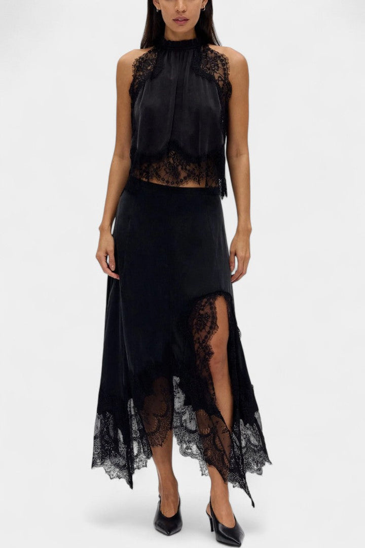 Fustă Midi cu Detalii din Dantelă și Tiv Asimetric