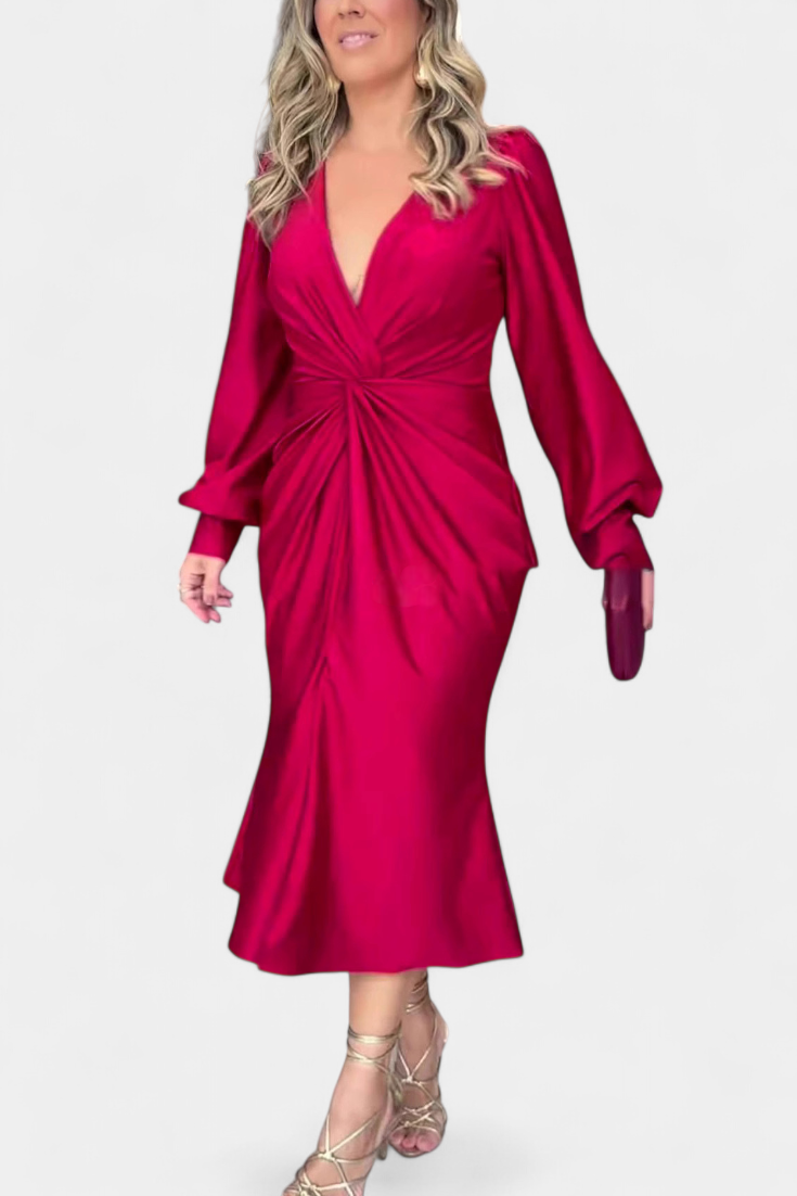 Rochie Lungă cu Mâneci Lungi și Decolteu în V