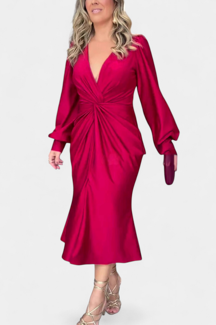 Rochie Lungă cu Mâneci Lungi și Decolteu în V