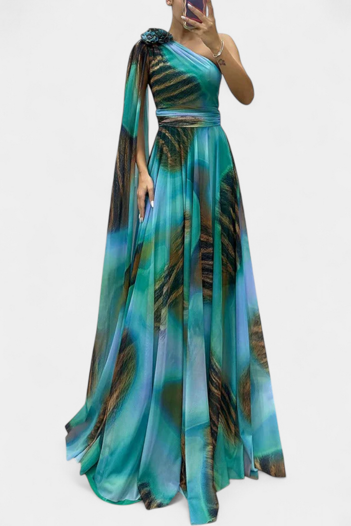 Rochie lungă Nives cu un umăr și detaliu colorat