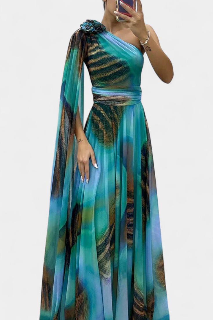 Rochie lungă Nives cu un umăr și detaliu colorat