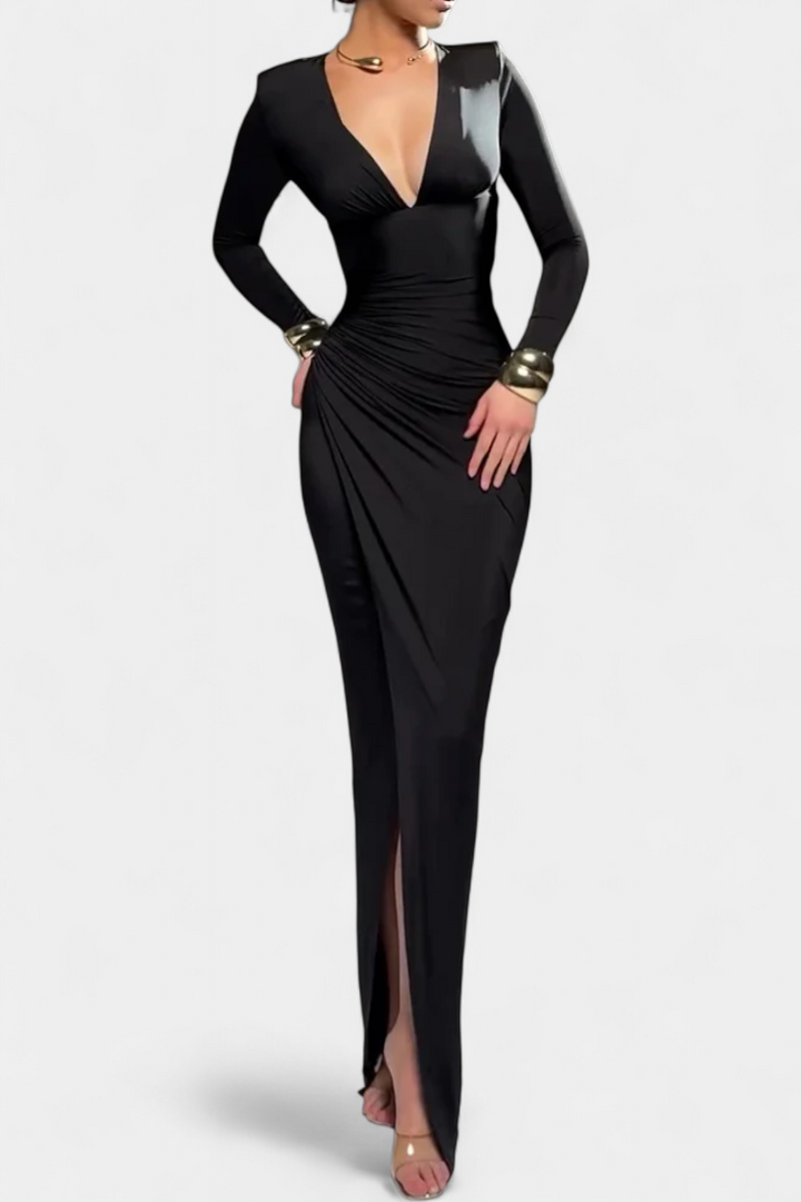 Elena Rochie cu Mâneci Lungi și Decolteu Adânc în V