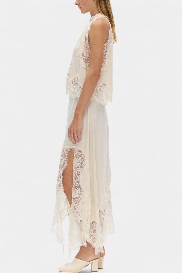 Fustă Midi cu Detalii din Dantelă și Tiv Asimetric