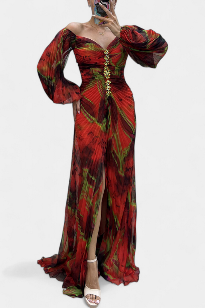 Rochie Maxi Leona cu Plisare, Mâneci Lungi și Model Vibrant